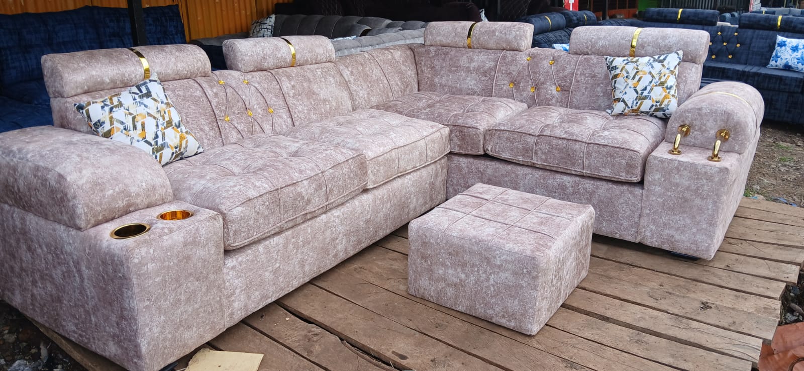 Cream Chrome L Shape Sofa - Image 2