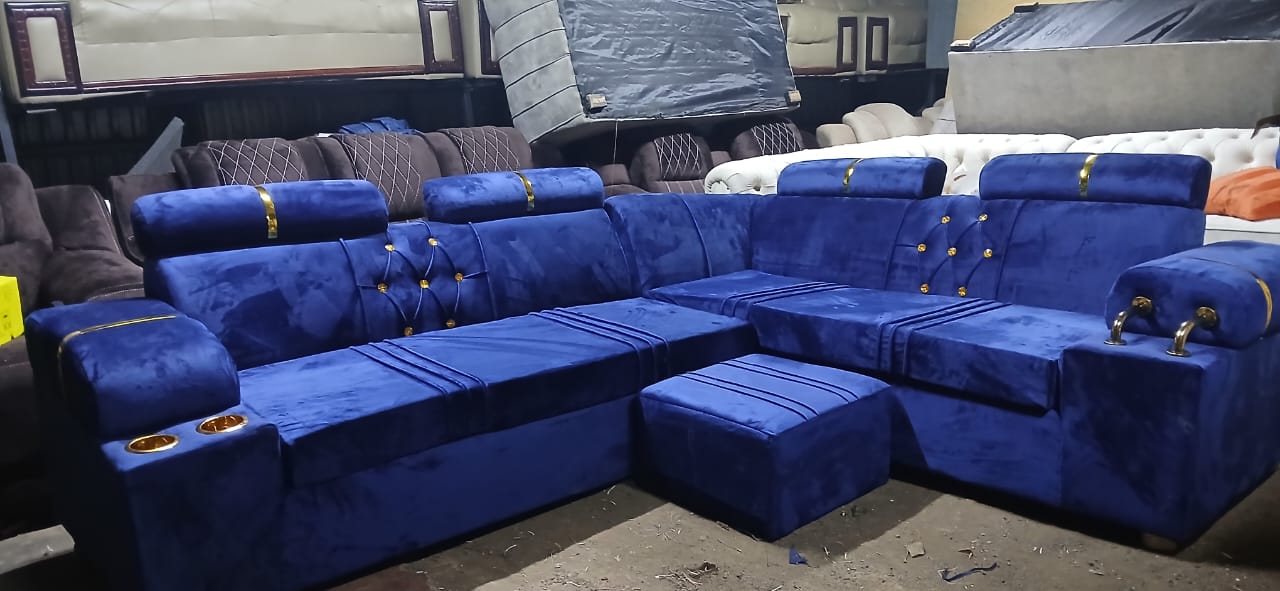 Dark Blue Chrome L Shape Sofa - Image 2