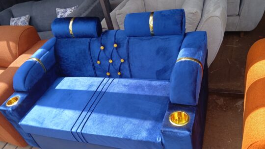 3-Seater Blue Velvet Sofa with Golden Ribbon Detailing