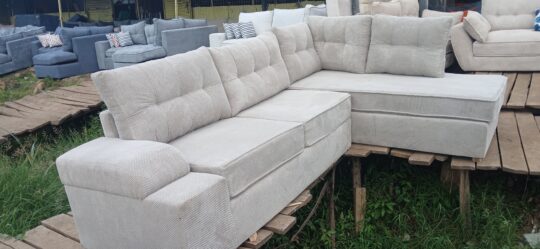 6-Seater L-Shaped Sofa in Light Grey Small Bubble Fabric