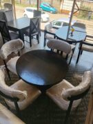 4-Seater Round Mahogany Dining Set with Black Table and Cream-Brown Chairs