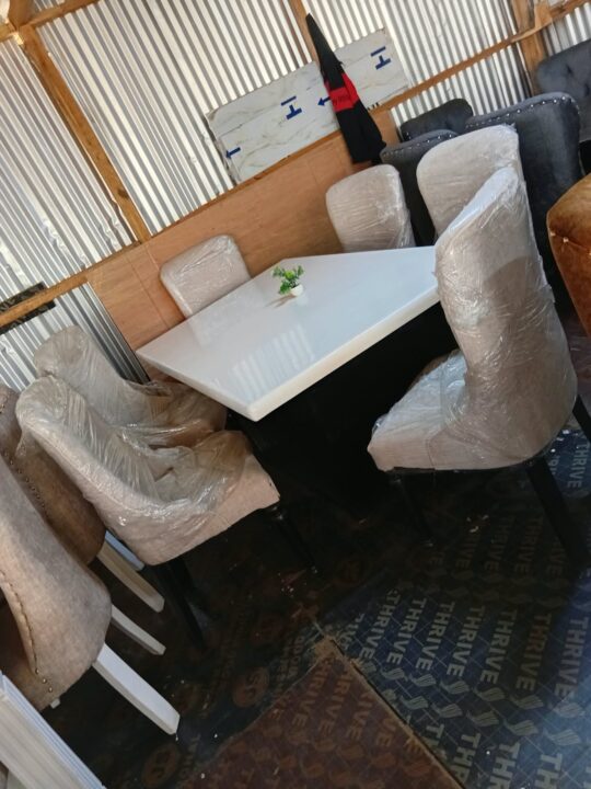 6-Seater White Marble-Finish Mahogany Dining Set with Joined-Back Chairs