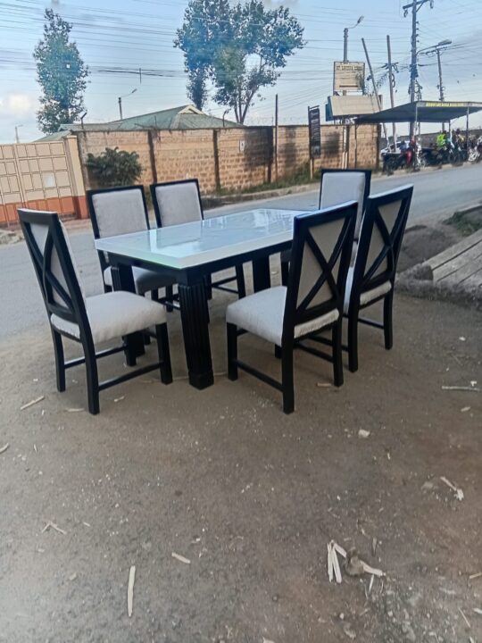 6-Seater White Marble-Finish Mahogany Dining Set with Black Stands